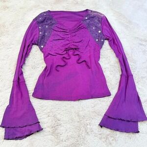 Womens Purple Lace Bell Sleeve Top Ruched Tie Front Sheer Y2K size Small